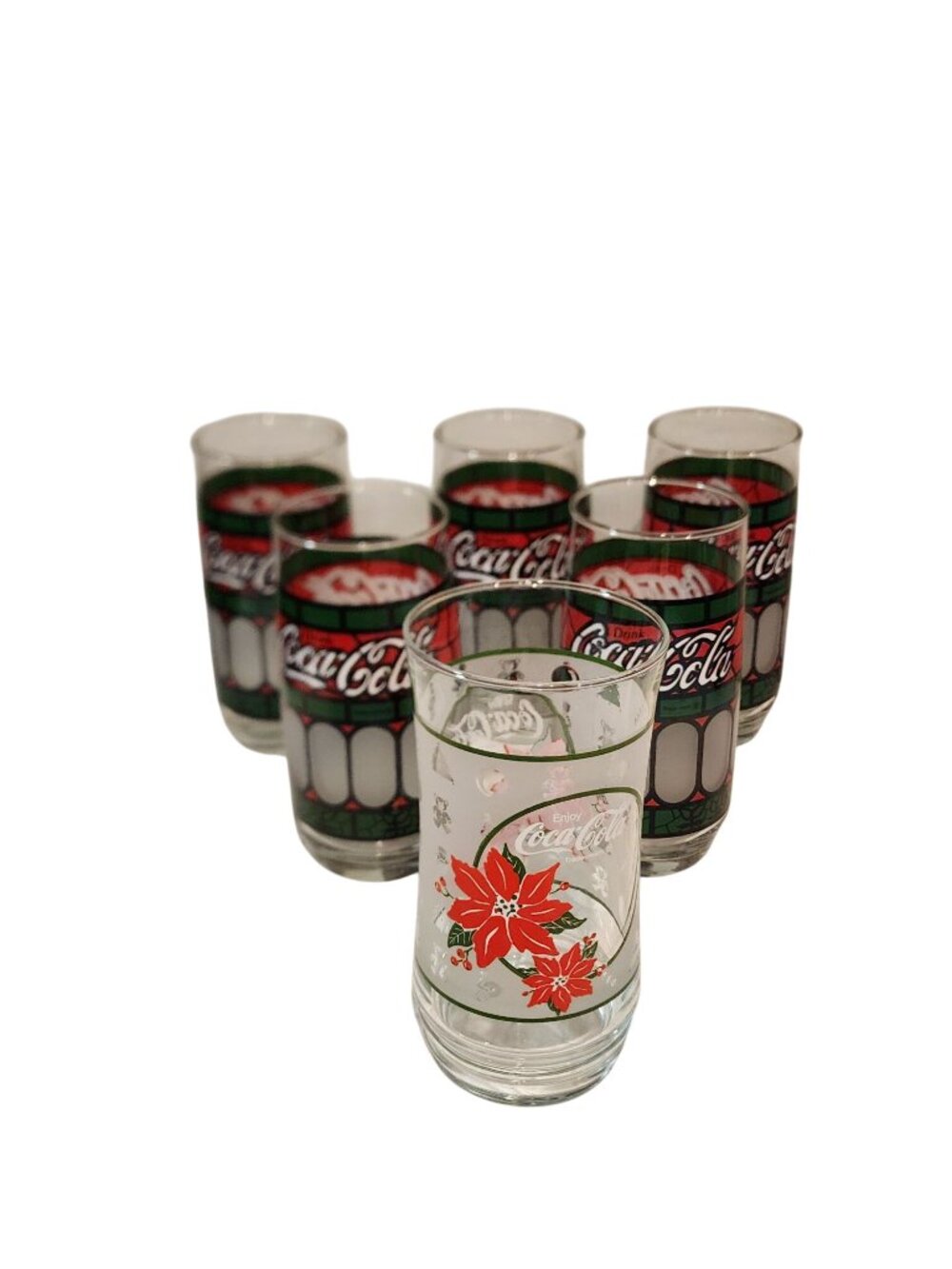 Vintage Coca-Cola Tiffany Style Stained Glass / Poinsette Drinking Glasses set o